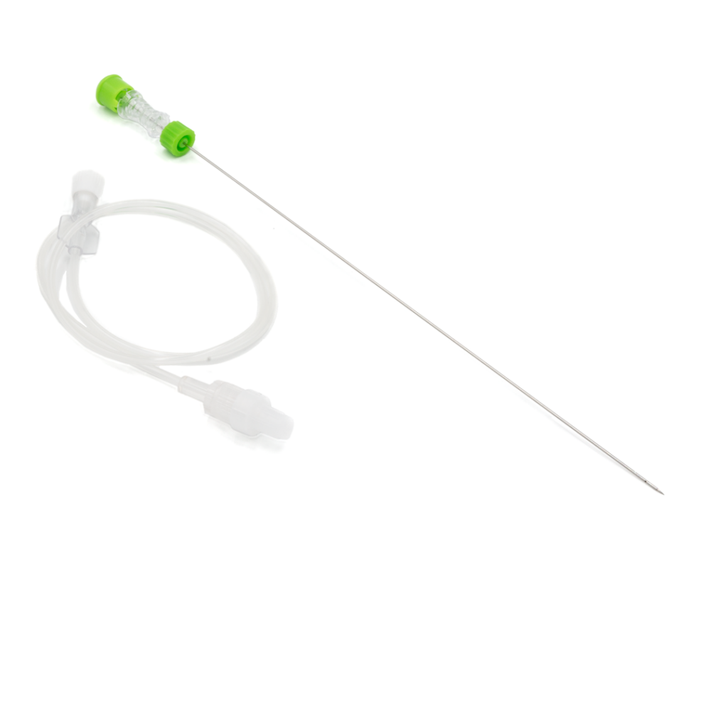 PAB™ needle for alcohol injection into tumour tissue, featuring offset holes on the cannula and a trocar tip for improved penetration.