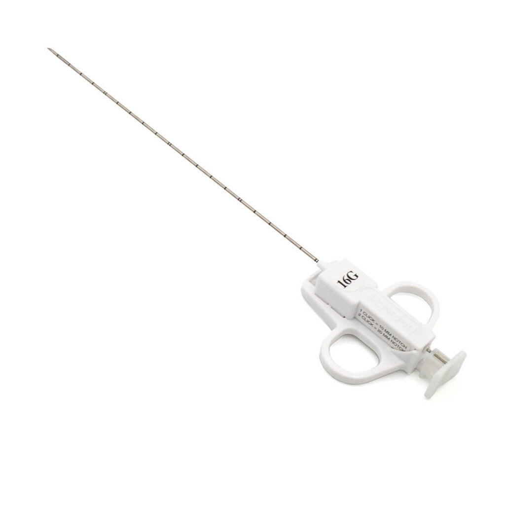 SPEEDYBELL DOPPIA CORSA™ semi-automatic guillotine needle for soft tissue biopsy, offering precision with adjustable sample cavity sizes.