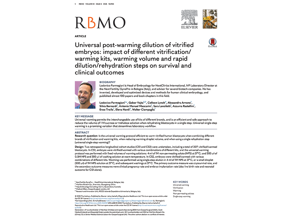 First page of a published clinical study confirming the effectiveness of universal embryo warming protocols using SUPERVITRI™