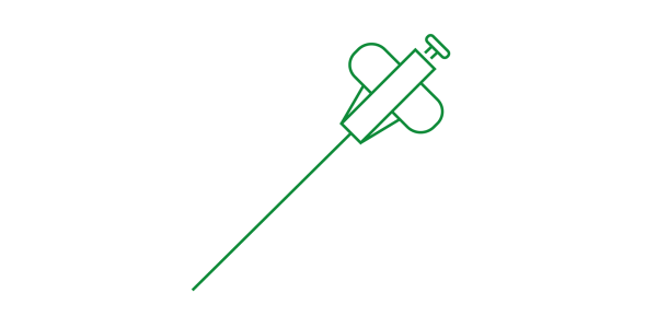Green icon representing a biopsy needle with scissor handles on a white background.