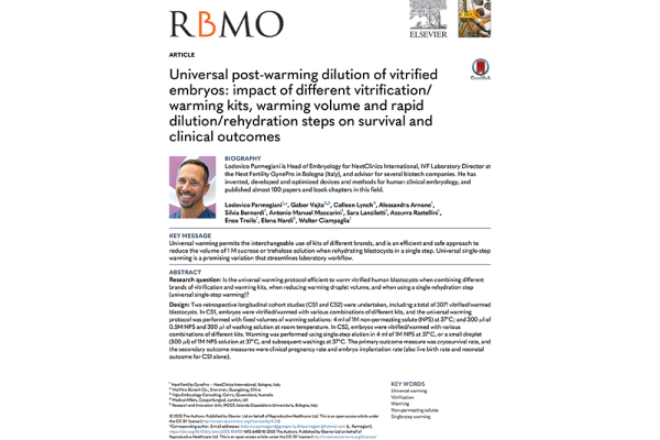 First page of a published clinical study confirming the effectiveness of universal embryo warming protocols using SUPERVITRI™