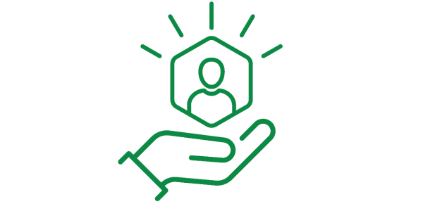 Green icon on a white background depicting a hand below and a human figure above, symbolizing patient care
